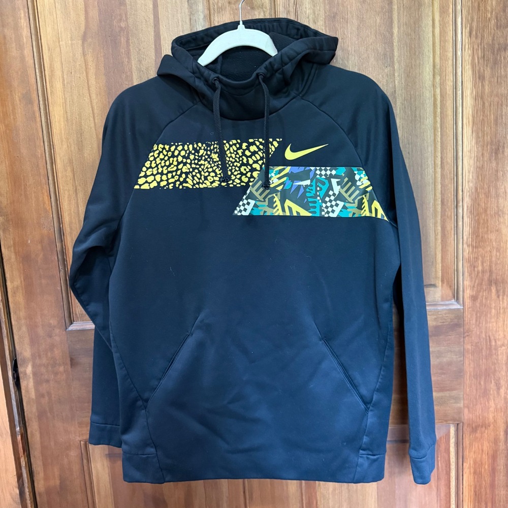 Nike Mens Dri-FIT Black Graphic Hoodie Yellow Animal Print Pullover Medium